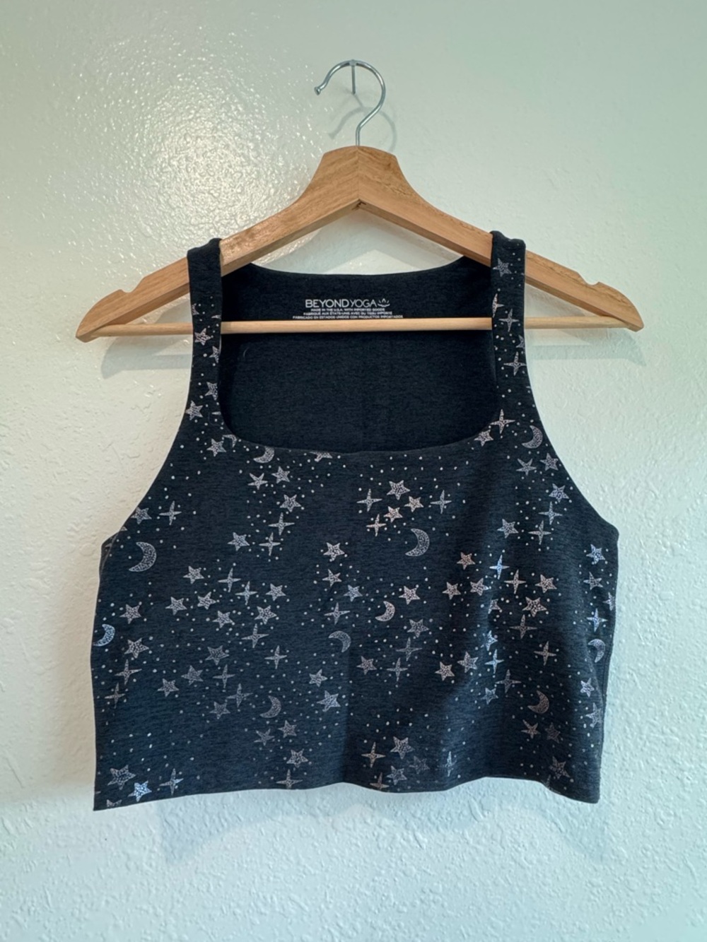 Beyond Yoga Black Cropped Tank / Bra with Silver Star & Moon Print | Size L